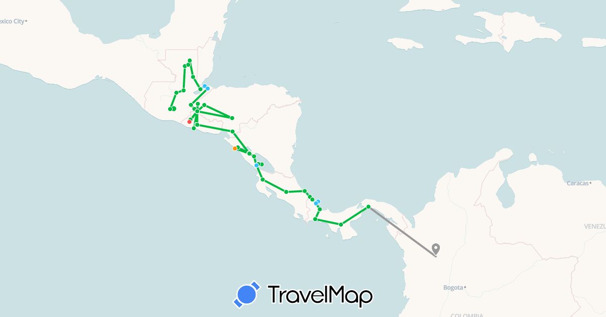 TravelMap itinerary: driving, bus, plane, hiking, boat, hitchhiking in Colombia, Costa Rica, Guatemala, Honduras, Nicaragua, Panama, El Salvador (North America, South America)